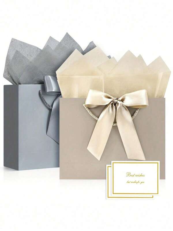 Set de 4 piezas de bolsas de regalo en color champán y gris plateado, que incluye 1 bolsa de regalo, 1 papel de seda, 1 lazo, 1 tarjeta, 3 tamaños con cintas, adecuado para bodas, cumpleaños, fiestas, Acción de Gracias, aniversarios, San Valentín, celebraciones