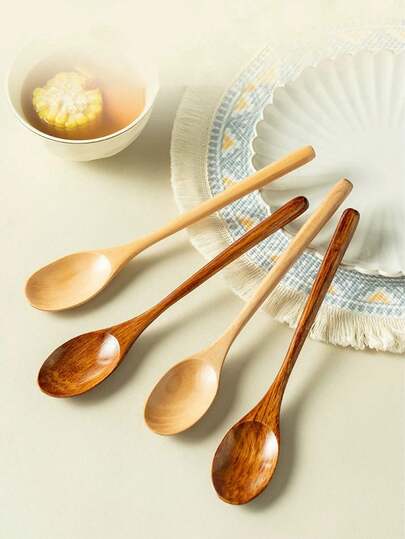 2pcs Wooden Long Handle Spoons, Korean Style Large Soup Spoon, Japanese Small Wooden Rice Spoon, Soup Spoon