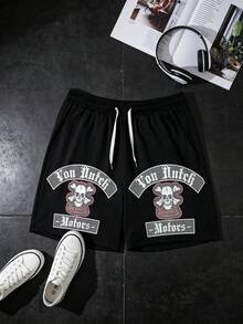 Van Dutch Skull Crossbones & Rs Logo Print Drawstring Shorts Men's Gothic Streetwear Sweat Shorts, Old School Biker Baggy 100% Cotton Elastic Waist Shorts Gift - 黑色 - 查看 1