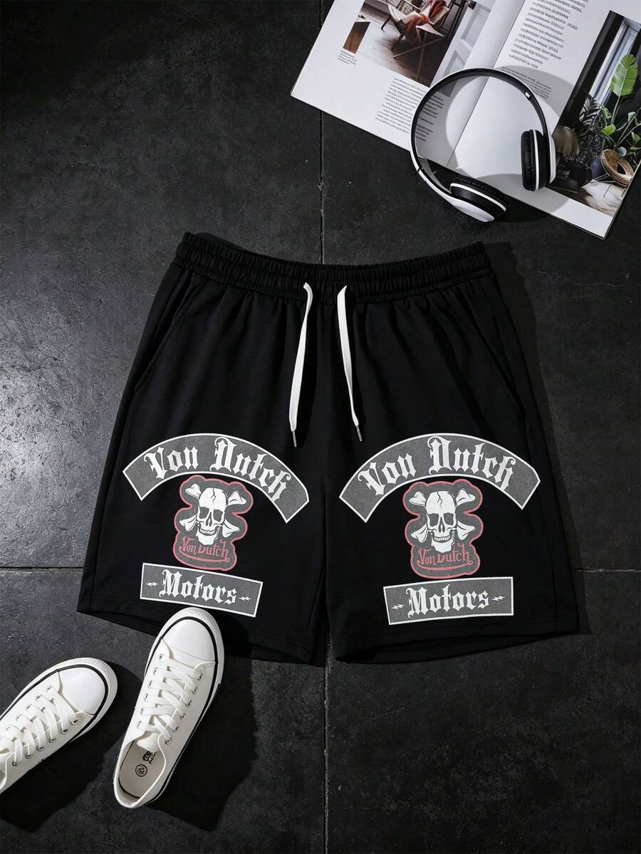 Van Dutch Skull Crossbones & Rs Logo Print Drawstring Shorts Men's Gothic Streetwear Sweat Shorts, Old School Biker Baggy 100% Cotton Elastic Waist Shorts Gift - 黑色 - 查看 1