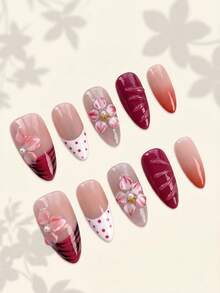 NAILS BASE 10片/組 粉色杏仁形長款法式漸層漸變美甲凝膠假指甲，附玫瑰紅花朵，杏仁形甲片，適合辦公場合的中性華麗風，日式手工 P - 彩色 - 查看 5
