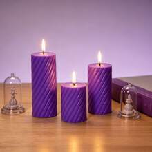 3pcs Set Dreamy Purple Striped LED Electronic Candles, Realistic Flickering Flame Effect, Home Bedroom Living Room Decor, Candlelight Dinner Proposal Party Atmosphere Lighting, Vanity Table Desk Ornament - Purple Spiral - View 6