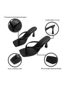 Women's Classic High Heel Flip Flops, Simple And Elegant High Heel Colorblock Sandals, Summer Fairy Style Stiletto Heel Toe-Post Slides, One-Strap Toe-Split Sandals, Beach Vacation Fashion Cross Strap Women's Shoes, Office Home Outdoor Square Toe Design, Stylish And Unique, Stiletto Heel Adds Elegance, Comfortable And Fashionable - Black - View 4