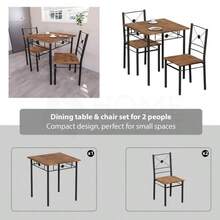 Dining Kitchen Table And Chairs 2 Seater Dining Room Set, 2 Seater Dining Chairs With Elegant Table Compact Wood Steel Frame Dining Kitchen Furniture - Black - View 3