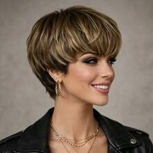 Human Hair Wig For Women Featuring A Layered Short Straight Pixie Cut, Available In Mixed Colors SP4/27 (Brown/Blonde) Remy Peruvian Wig Includes Bangs And Is Fully Machine-Made, Perfect For Holiday And Party Christmas - SP4/27 - View 3