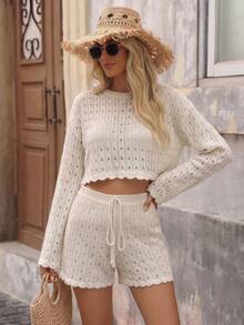 Bộ đồ nữ thanh lịch, đơn giản, màu trơn, dệt kim, cổ tròn, tay dài và quần short có dây rút, thích hợp cho mặc hàng ngày, dạo phố, cuối tuần, kỳ nghỉ, du lịch, đi biển vào mùa xuân/hè. - Màu be - Xem 4