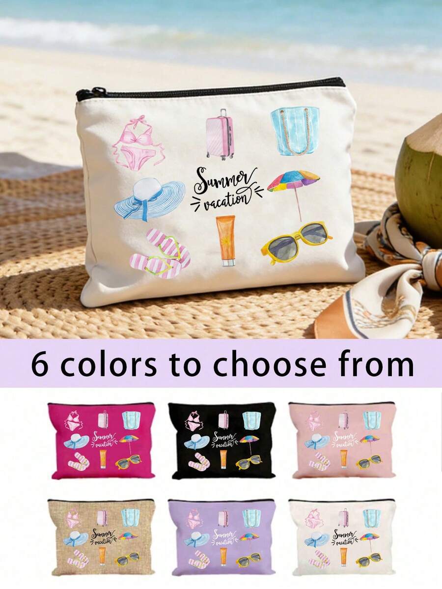 Borsa cosmetica da viaggio estiva in acquerello, pochette in tela con zip e stampe da spiaggia, organizer per il trucco da viaggio carino con bikini e occhiali alla moda - Multicolore - Visualizzare 1
