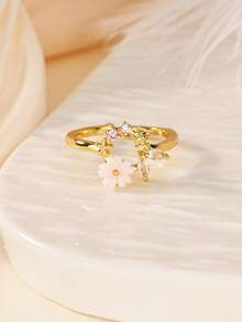 Anillo de flor y hoja con circonita cúbica y resina blanca, anillo ajustable abierto chapado en oro de 18k, joyería de moda para uso diario, boda, fiesta, regalo de vacaciones - 1 - Ver 9