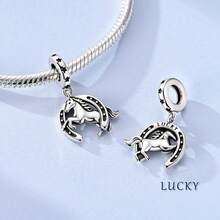 1 pieza Colgante con dije de caballo y herradura plateado vintage, diseño original y único, adecuado para hacer pulseras, collares y joyería DIY - Plateado - Ver 2