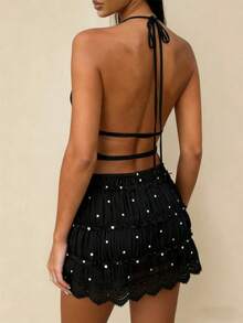 Women Y2k Mini Skirt Sets Backless Tie Up Crop Halter Top And Smocked Lace Mini Skirt 2 Piece Beach Outfit - Lunares blancos y negros - Ver 4