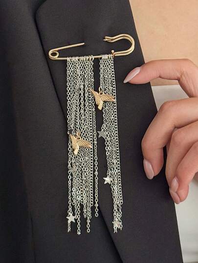 1 Stück süße lange Quasten Kette Brosche, Herz & Stern Kristall Dekor Multifunktions Broschen Anstecknadel für Frauen, kann an Hüten, Kleidung, Taschen, Hosen usw. verwendet werden.