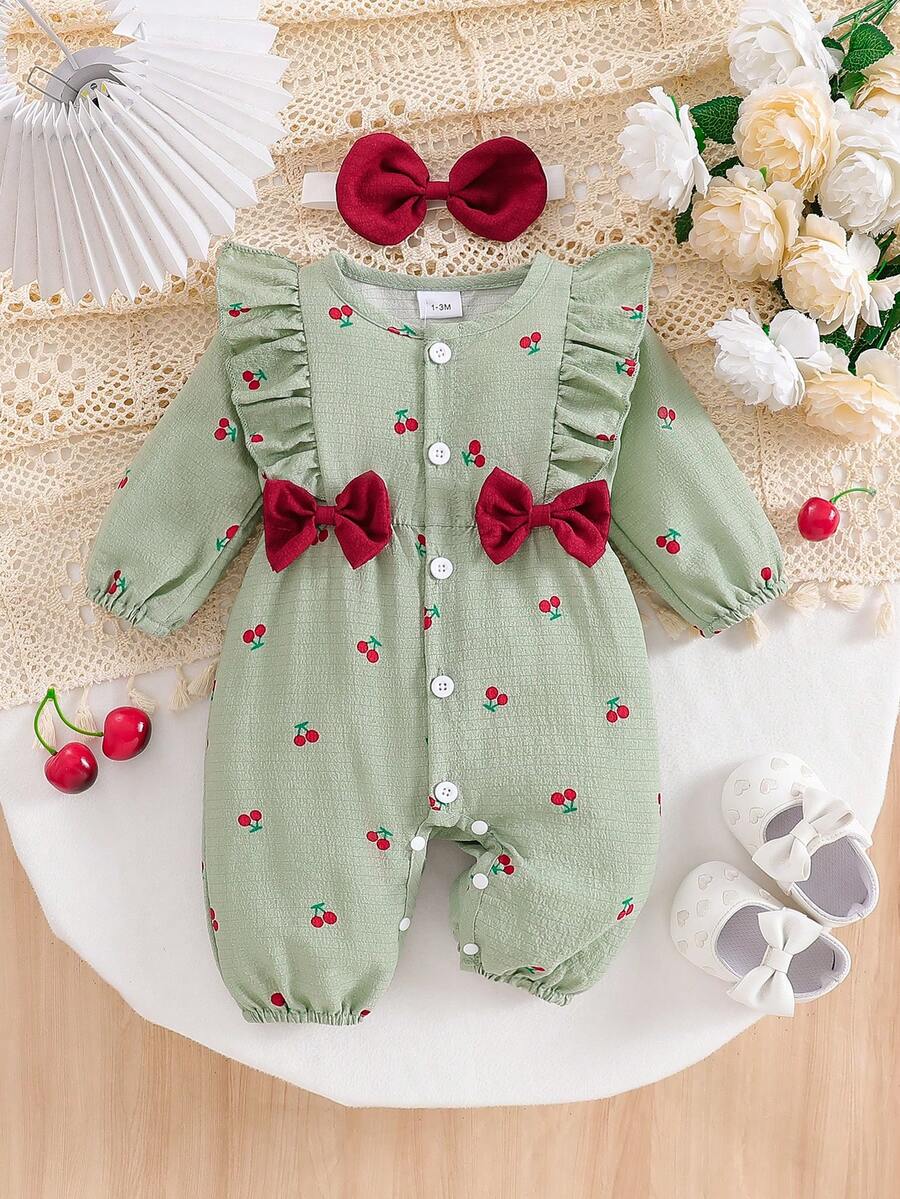 Bộ áo liền quần dài tay cổ tròn cài nút bèo nhún phối nơ tương phản họa tiết quả anh đào dễ thương cho bé gái sơ sinh, kèm băng đô. - màu xanh lá - Xem 1