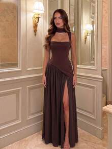 Women's Solid Color Square Neck Backless Tie Ruffle Hem Sexy Vacation Wedding Party Dress Elegant Summer - Brown - View 5