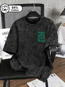 Maglietta da donna oversize in stile vintage lavata, in 64% cotone, con stampa bidirezionale con slogan "More Amor Por Favor", stile casual a maniche corte, stile romantico da strada Y2K, adatta per uso quotidiano, maglietta stampata nera - nero - Visualizzare 2