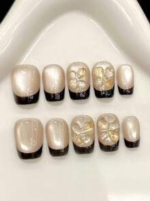 10PCS Short Coffin Handmade Press On Nails For Party And Daily Wear, Champagne Color Nails, Crystal Crushed Stone Bean Paste Gray Black French Cat Eye Handmade Press On Nails,New Summer Cat Eye Nails,Shiny And Dazzling, Easy To Wear 10pcs Y2K Handmade Press On Nails,Shining Bright , Nails,Suitable For Girls And Women Festivals Parties And Daily Wear.Suitable For Spring And Summer - Champagne - View 8