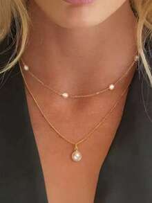 1 chiếc vòng cổ ngọc trai hai lớp thời trang, tinh tế, tối giản, đa năng, phù hợp cho phụ nữ đeo trong mọi dịp, món quà tuyệt vời dành cho người thân yêu. - Vàng - Xem 4
