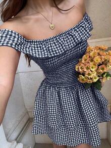 Vestido mini de línea A con volantes en el bajo, hombros descubiertos, cintura ajustada, estilo dulce y romántico para vacaciones en la playa, primavera/verano, a cuadros rojos - Azul - Ver 6