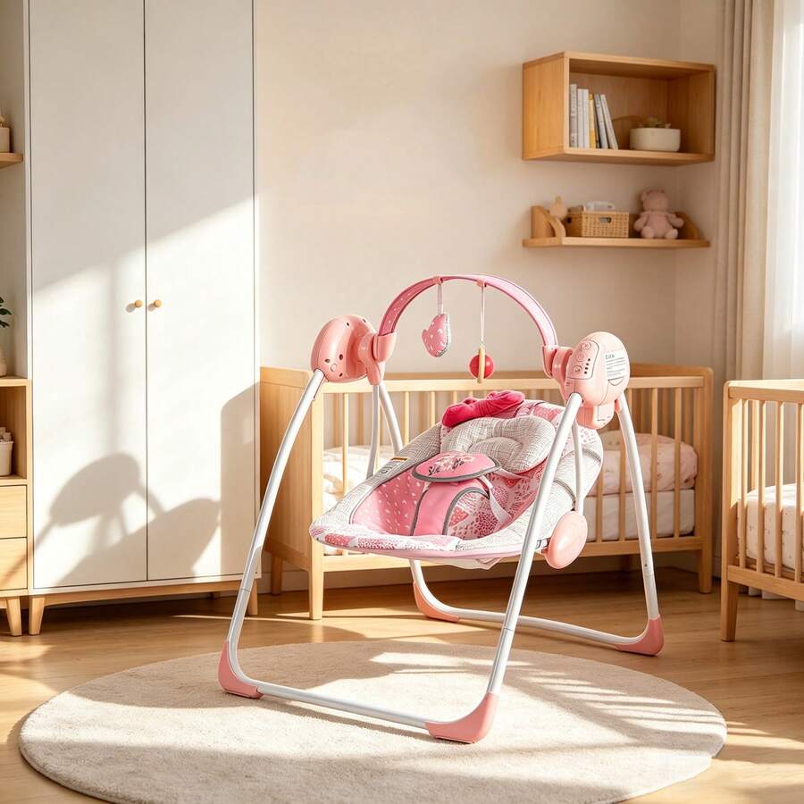 Baby Swing,Portable Baby Swing,Foldable Baby Swing,Baby Swing With Timer For 0-9 Months 6-20 Pounds,Adjustable Speed 5-Point Harness Indoor Outdoor Travel Baby Swing Halloween Christmas Holiday For Newborns Gifts - Pink - View 1