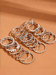 20pcs Women's Ring Set, Fashion Minimalist Elegant Delicate Retro Design Geometric Chain Wave Cross Circle Blingbling Shiny Metal Rings, Multi-Piece Set, Suitable For Holiday, Party, Date, Daily Wear, Gift - Silver - View 1