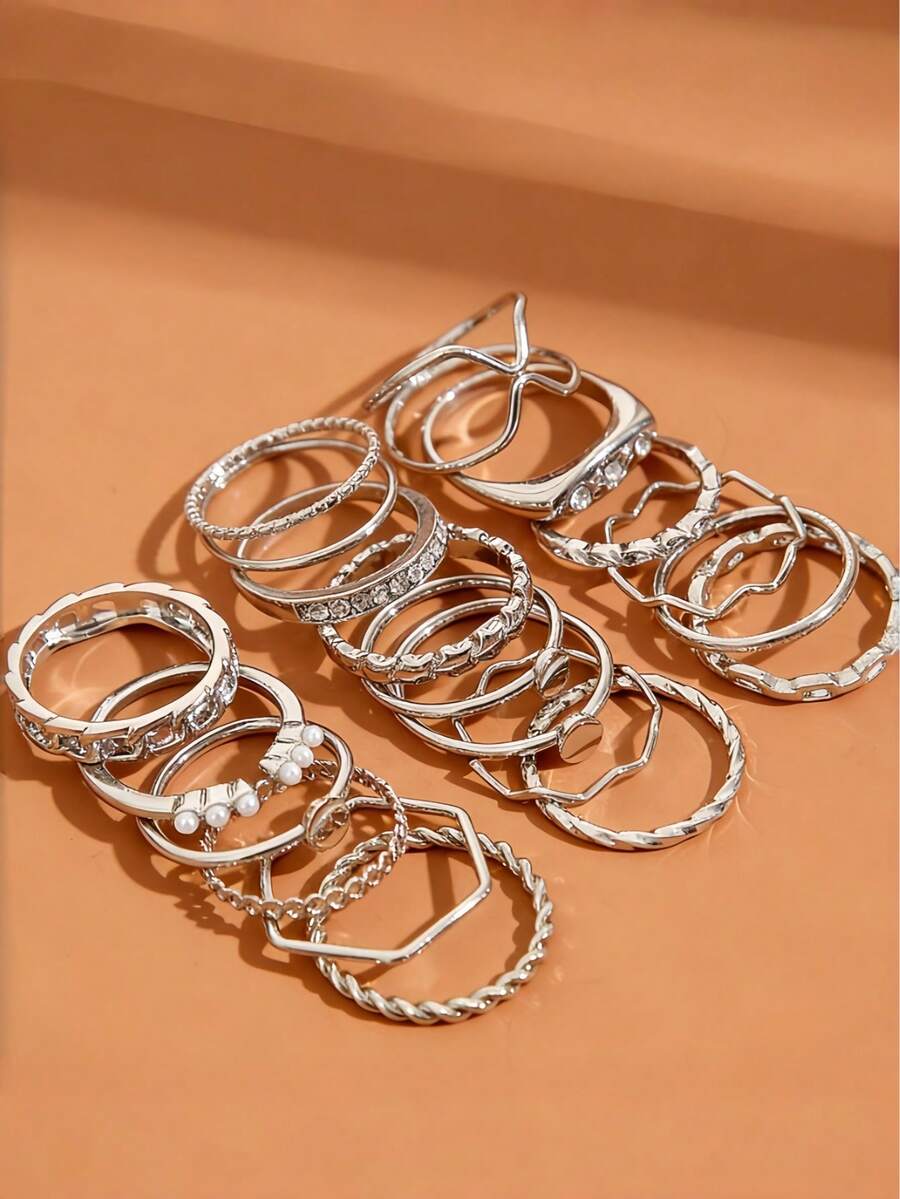 20pcs Women's Ring Set, Fashion Minimalist Elegant Delicate Retro Design Geometric Chain Wave Cross Circle Blingbling Shiny Metal Rings, Multi-Piece Set, Suitable For Holiday, Party, Date, Daily Wear, Gift - Silver - View 1