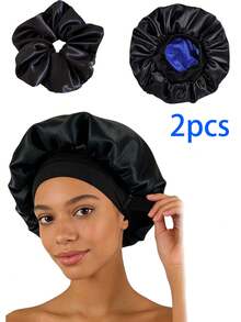 大号双面缎面睡帽，带可调节松紧带，双面可用，黑色和酒红色，女士睡眠发帽，双层缎面可调节女士睡帽 - A - 查看 14