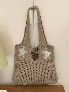 New Starfish & Shell Design Large Capacity Shoulder Tote Bag, Women Knitted Hollow Out Handbag - A - View 9