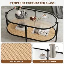 2-Tier Rattan Coffee Table,Modern Farmhouse Oval Rattan Coffee Table , Tempered Glass Top, Rattan Storage Shelf, - Star - View 3