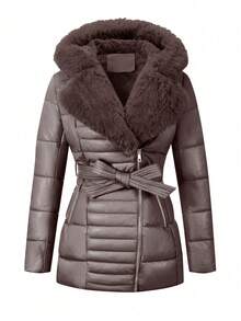 Giolshon Women's Faux Leather Down Jacket, Faux Fur Collar, Teacher Uniform, Adjustable Waist Belt, Fashionable Commuting And Layering, Autumn/Winter - Dark Brown - View 2