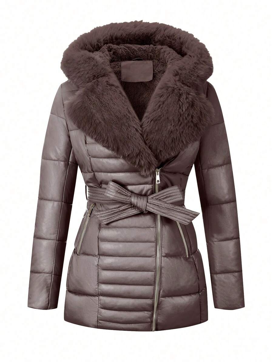 Giolshon Women's Faux Leather Down Jacket, Faux Fur Collar, Teacher Uniform, Adjustable Waist Belt, Fashionable Commuting And Layering, Autumn/Winter