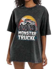 Monster Trucks Are My Jam Vintage Retro Monster Truck Lover  Washed Black Distressed T Shirt Unisex Retro Oversized Short Sleeve Top For Skateboarding And Casual Outings Cosplay, - Black - View 3