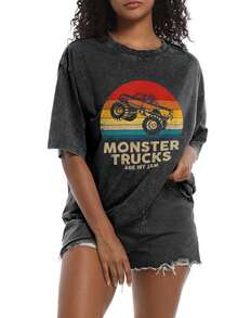 Cool Vintage Monster Truck Are My Jam Retro Sunset  Acid Wash Black Oversized T Shirt Men Women Streetwear Loose Fit Crew Neck Basic Tee For All Seasons Cosplay, - màu đen - Xem 5