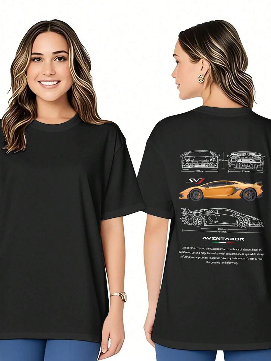 Drive In Style Car Themed Classic Cotton T-Shirt For Men Women, Casual Short Sleeve Tee Tops, Lightweight & Soft Everyday Wear Cosplay Costume - 黑色 - 查看 1
