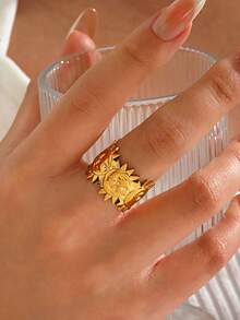 1 pièce Bague soleil et lune plaquée or 18 carats en acier inoxydable, convient pour le port quotidien et les fêtes pour femmes - Multicolore - Voir 1