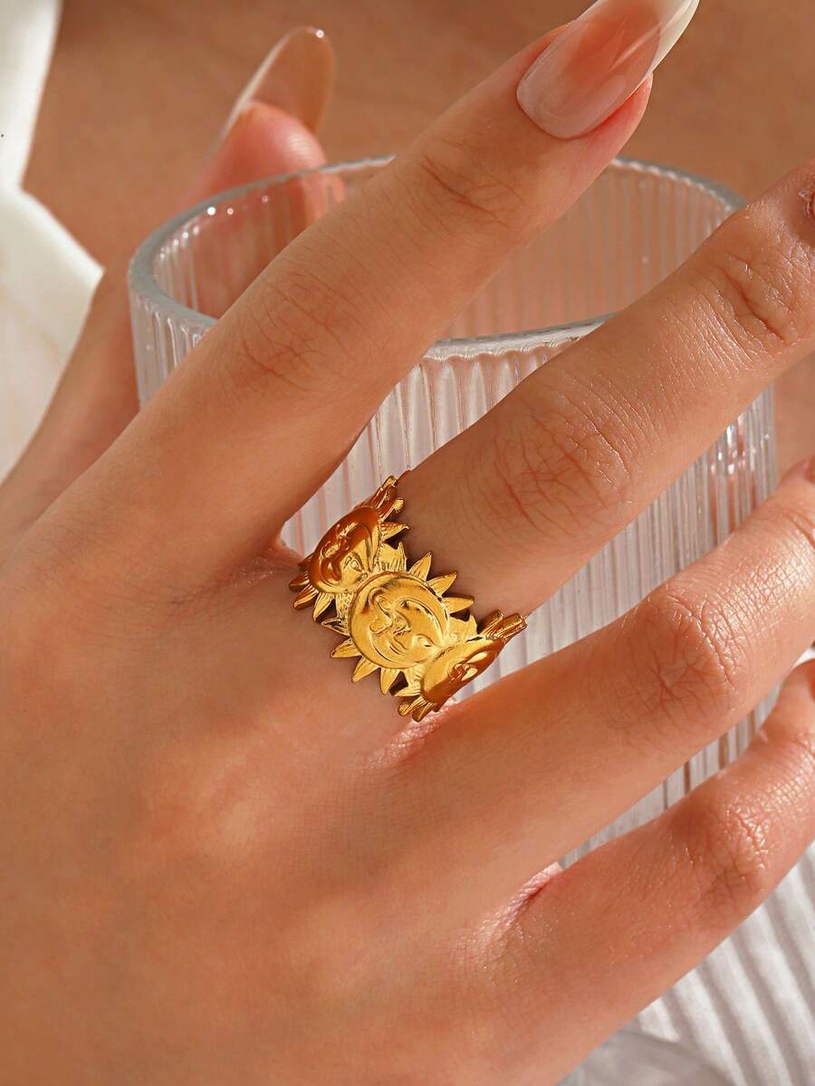 1 pièce Bague soleil et lune plaquée or 18 carats en acier inoxydable, convient pour le port quotidien et les fêtes pour femmes - Multicolore - Voir 1