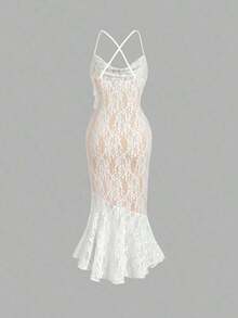 Vestido largo sirena sensual estampado degradado colorido, tirantes finos cruzados en espalda, cuello caído y falda asimétrica con volantes, ideal para vacaciones playeras hawaianas, citas y eventos especiales de primavera y verano - Blanco - Ver 4
