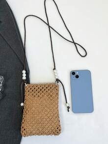 Pochette de téléphone en paille tressée à ouverture supérieure avec décoration de perles minimaliste, sac de plage d'été pour femmes, sac à provisions léger pour maquillage et pièces de monnaie, sac bandoulière - Kaki - Voir 5
