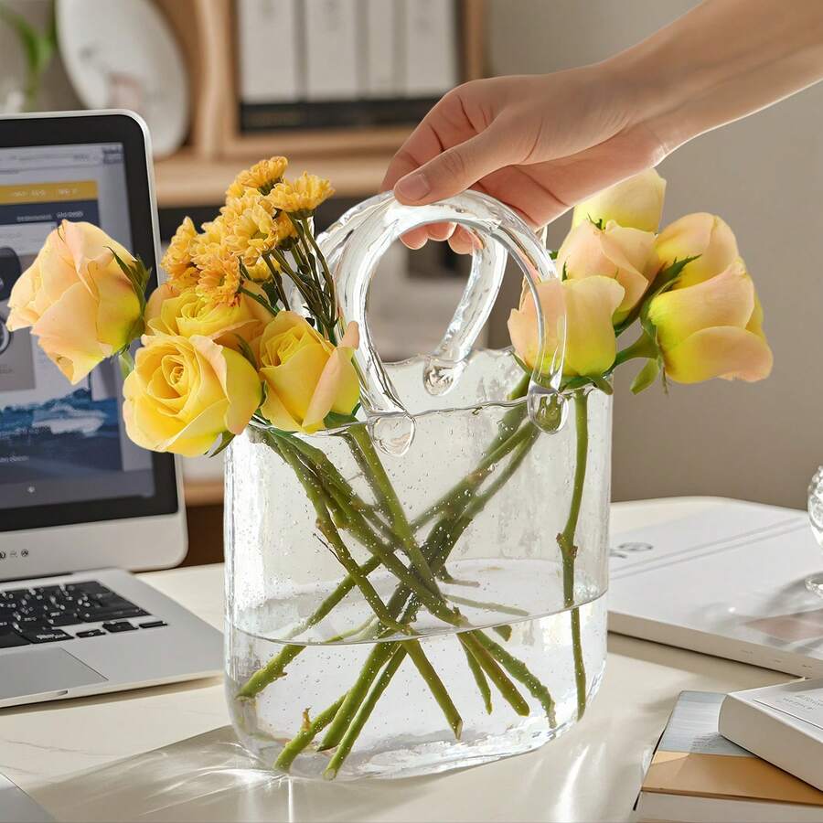 Tomnk Cute Clear Glass Purse Vase With Portable Handle, Creative Handbag Design Vase For Floral Arrangement & Modern Home Table Ornament, Ideal Mother's Day Gift - 無色 - 查看 1