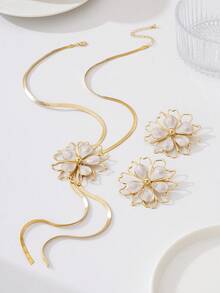 Bộ trang sức thời trang gồm dây chuyền và bông tai hình hoa nhỏ giọt dành cho nữ. - bộ hoa - Xem 12