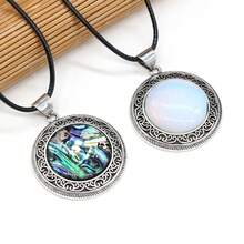 38x42mm Natural Crystal Agate Semi-Precious Stone Round Pendant, Gemstone Inlaid Alloy Abalone Shell Necklace - Water Drop Natural Stone Pendant - View 5