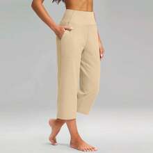 Pantalones elásticos de cintura alta 3/4 para mujer, pantalones capri informales de ajuste activo, pantalones con bolsillos, pantalones deportivos informales de color sólido - Beis - Ver 4