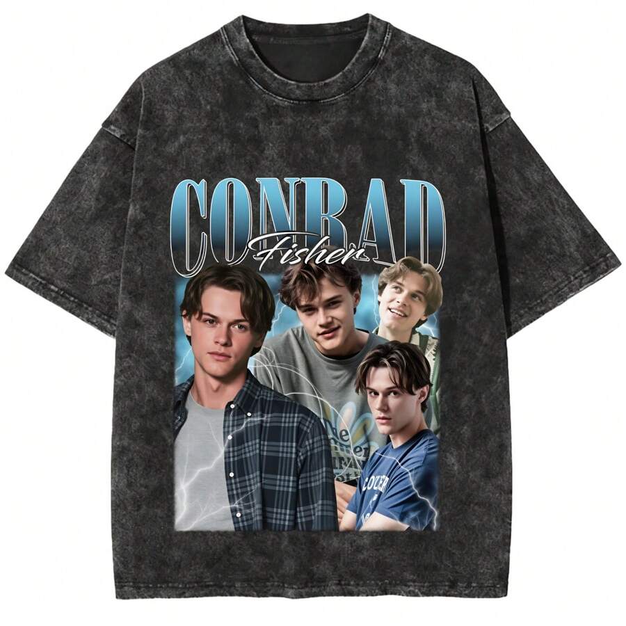 Conrad Fisher Movie Print Pullover, Conrad Crew, Beach-Style Casual Unisex Vintagetrendy Short Sleeve - 黑色 - 查看 1