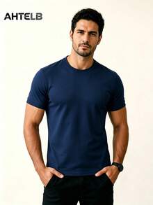 AHTELB Men's Solid Color Round Neck T-Shirt, Ice Silk Quick-Drying Breathable Lightweight And Comfortable Sports - Royal Blue - View 1