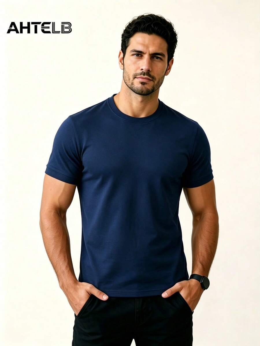 AHTELB Men's Solid Color Round Neck T-Shirt, Ice Silk Quick-Drying Breathable Lightweight And Comfortable Sports - Royal Blue - View 1