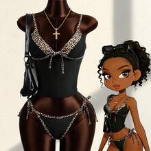 Zestiva Women's Leopard Print Lace-Up Spaghetti Strap Tankini Swimwear Set - Negro - Ver 2
