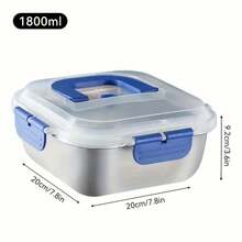 1800ml/60.87oz Extra Large Capacity Stainless Steel Food Storage Container, Blue Lid, Airtight Reusable, Suitable For Refrigerator, Lunch Box, Kitchen Essential - Silver - View 7