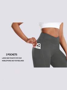 Seitentaschen Einfarbige Kreuz-Taille Damen Sport Shorts, Hohe Taille Lifting Yoga Shorts für Fitness, Pilates, Outdoor Laufen, Radfahren, Lässig Zuhause - Grau - Übersicht 8