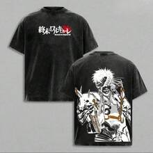 Retro Heavy Limited Qin Shi Huang X Record Of Ragnarok Anime T-Shirt With Double Print, Vintage Wash Style, Unisex, Oversized, Thick Cotton, For Anime Fans, Anime Merchandise. MGCC - 黑色 - 查看 1