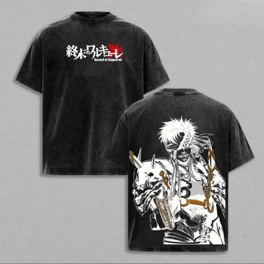 Retro Heavy Limited Qin Shi Huang X Record Of Ragnarok Anime T-Shirt With Double Print, Vintage Wash Style, Unisex, Oversized, Thick Cotton, For Anime Fans, Anime Merchandise. MGCC - 黑色 - 查看 1