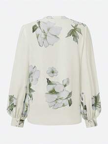 Elegant Floral Print Stand Collar Lantern Sleeve Chiffon Blouse Spring - Apricot - View 3