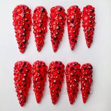 Y2K Luxury Long Pointed Nail Tips, Handmade, Clear Nail Plates, Red Rhinestones, Shiny Full Coverage 3D Design - Full Coverage DIY Shiny Artificial Nails, Elegant, Glamorous, Suitable For Party, Outdoor, Beach, Daily, Holiday, Gathering, Work And Special Occasions - 10pcs/Pack - Multicolor - View 10